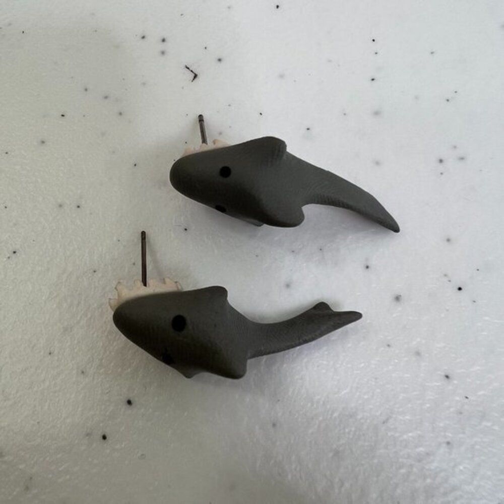 Shark Earrings Bite Clay Gray‎ Pierced Stud Sculpted Fish Small Artisan